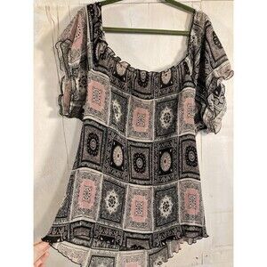 Vintage Y2K Plus Size Gauzey Boho Top Blouse Black And Pink Approx 2XL-3XL